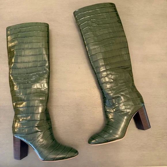 Loeffler Randall Tall Goldy Leather Croc Forest Green Heel Knee Boot Pull On 6 - Picture 13 of 14